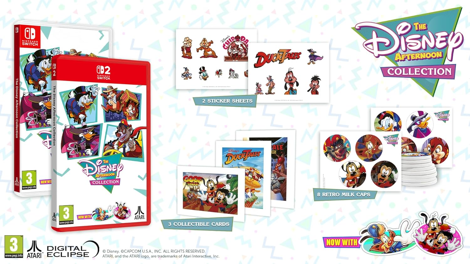 Nintendo Switch Spiel "The Disney Afternoon Collection" mit Stickern, Karten und Kappen.