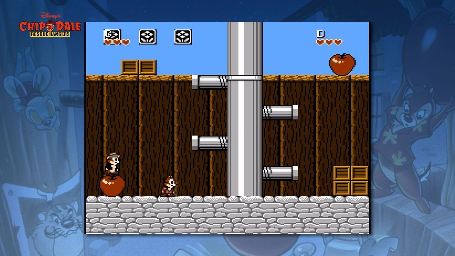 Chip und Dale spielen ein Videospiel mit Holzplattformen, Rohren und Äpfeln.