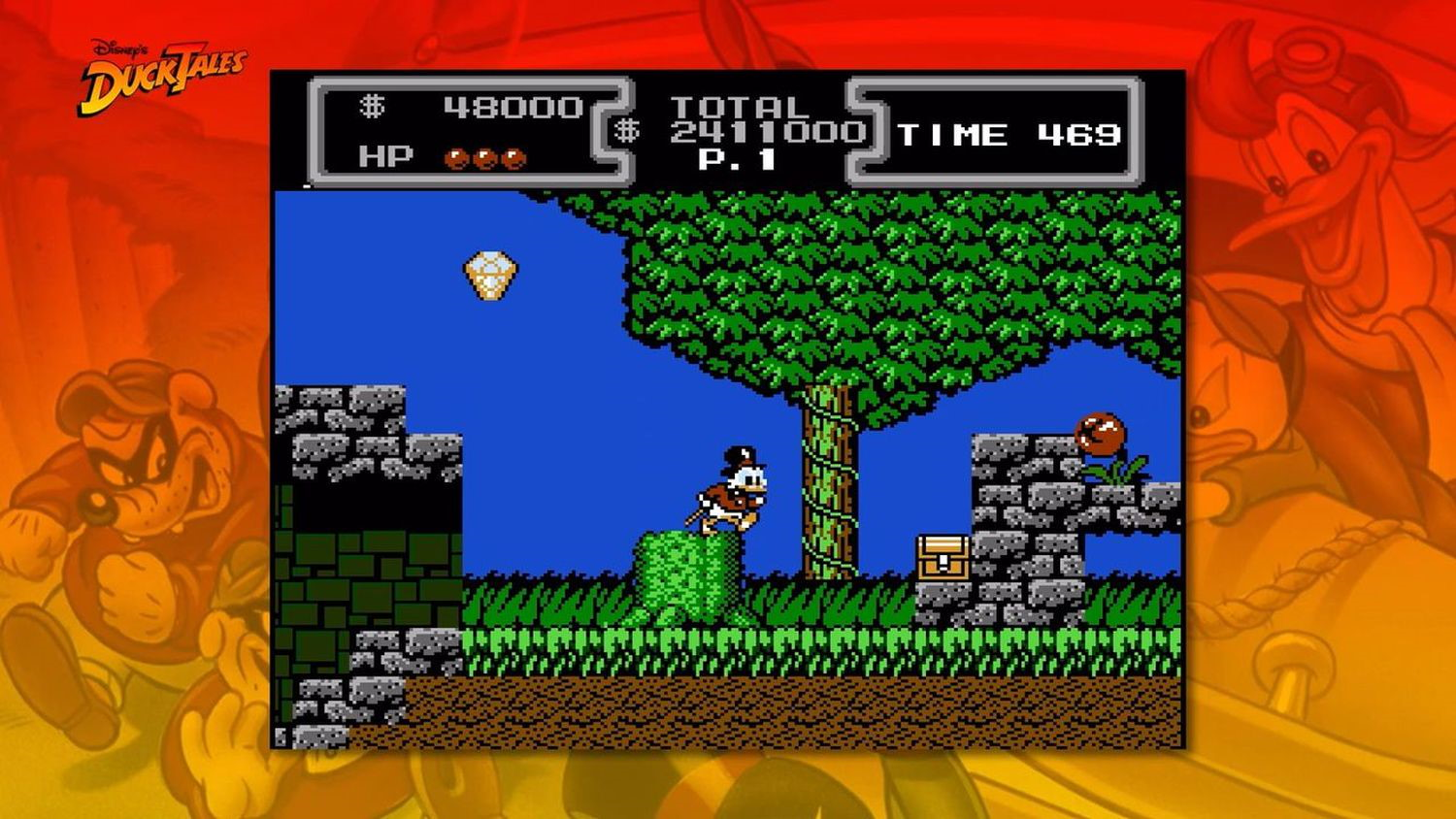 Scrooge McDuck springt auf einem Baumstumpf in einem Pixel-Videospiel. Ein Diamant schwebt.