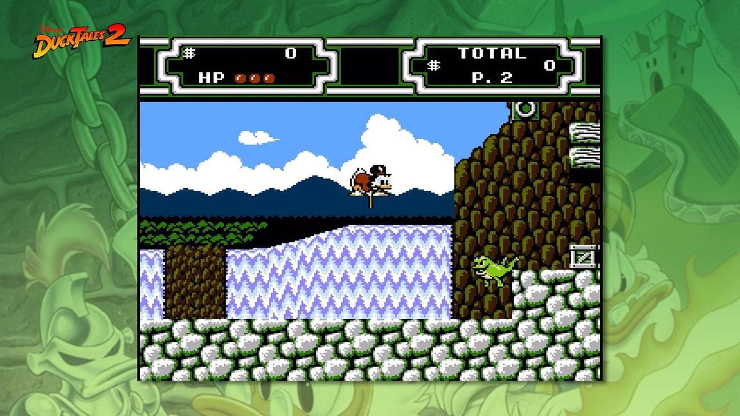 Scrooge McDuck springt über einen Wasserfall im Spiel DuckTales 2. Ein grüner Dino rennt.