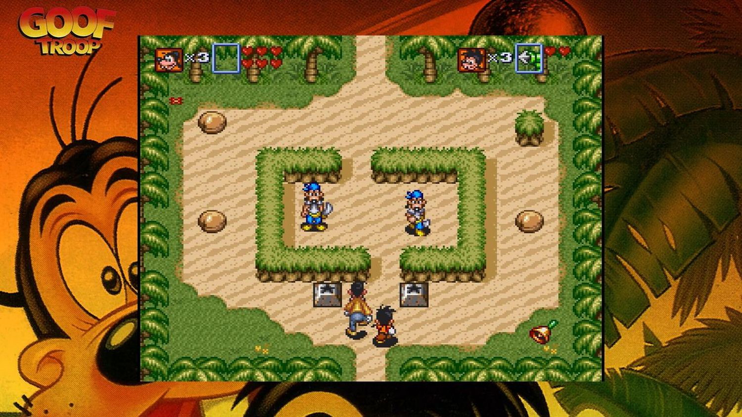 Goof Troop Spielszene mit Charakteren, Palmen und Sand.
