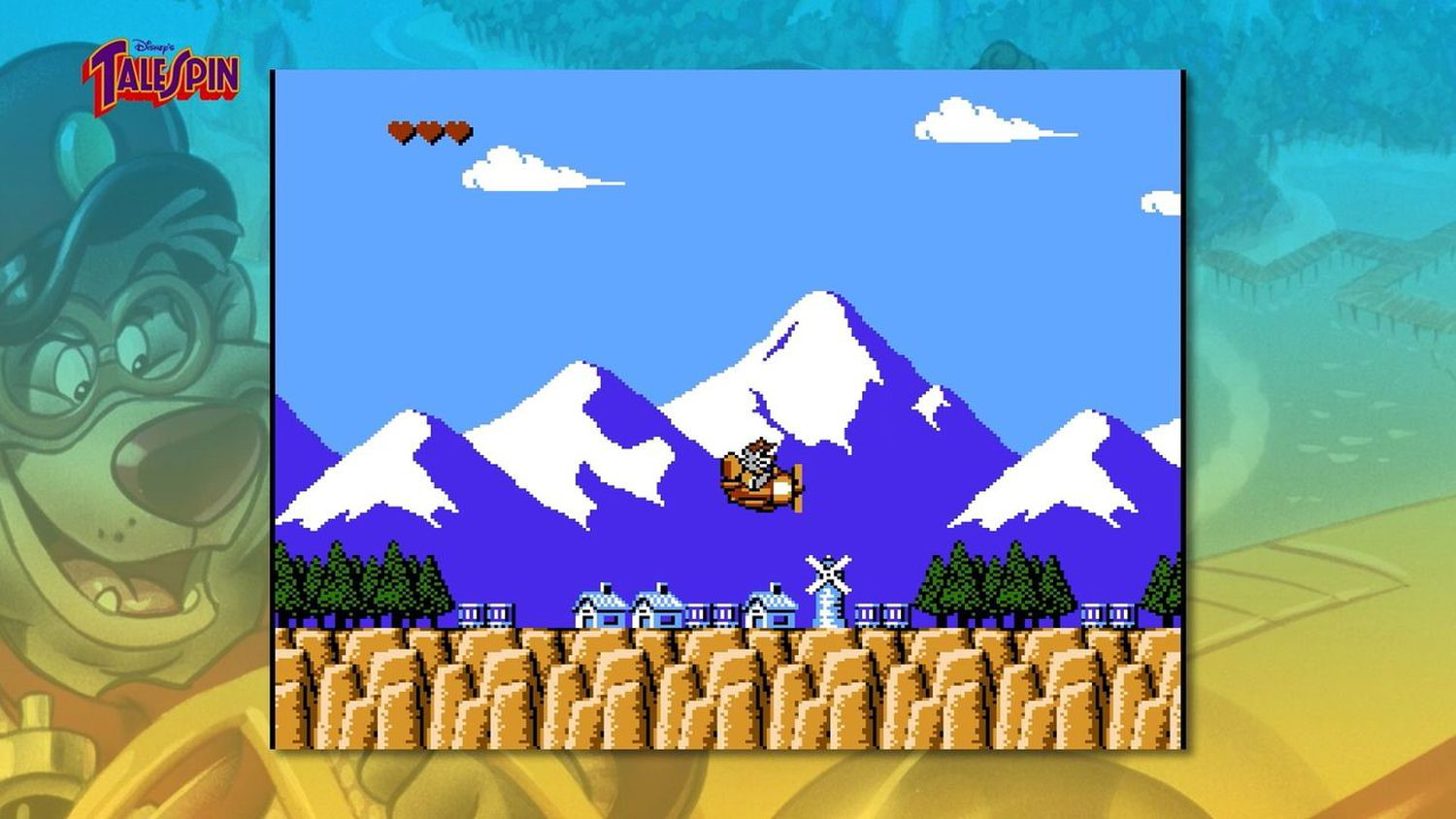 Baloo fliegt in einem Flugzeug über Berge und Dörfer.