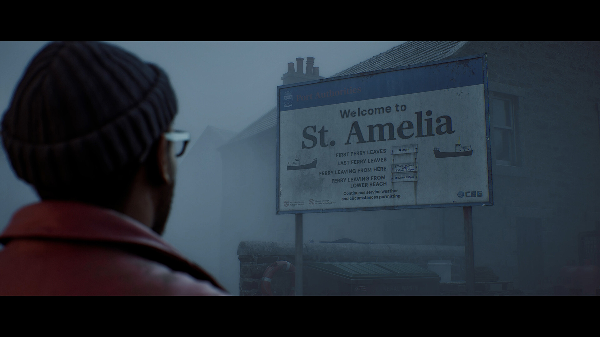 Un homme regarde un panneau de bienvenue pour St. Amelia dans un environnement brumeux.