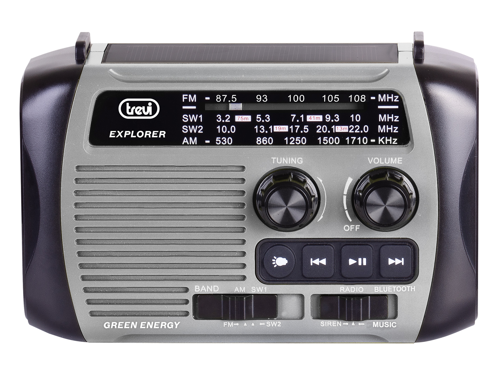 Ein grauer und schwarzer Multifunktionsradio mit Solarpanel und Bedienelementen.