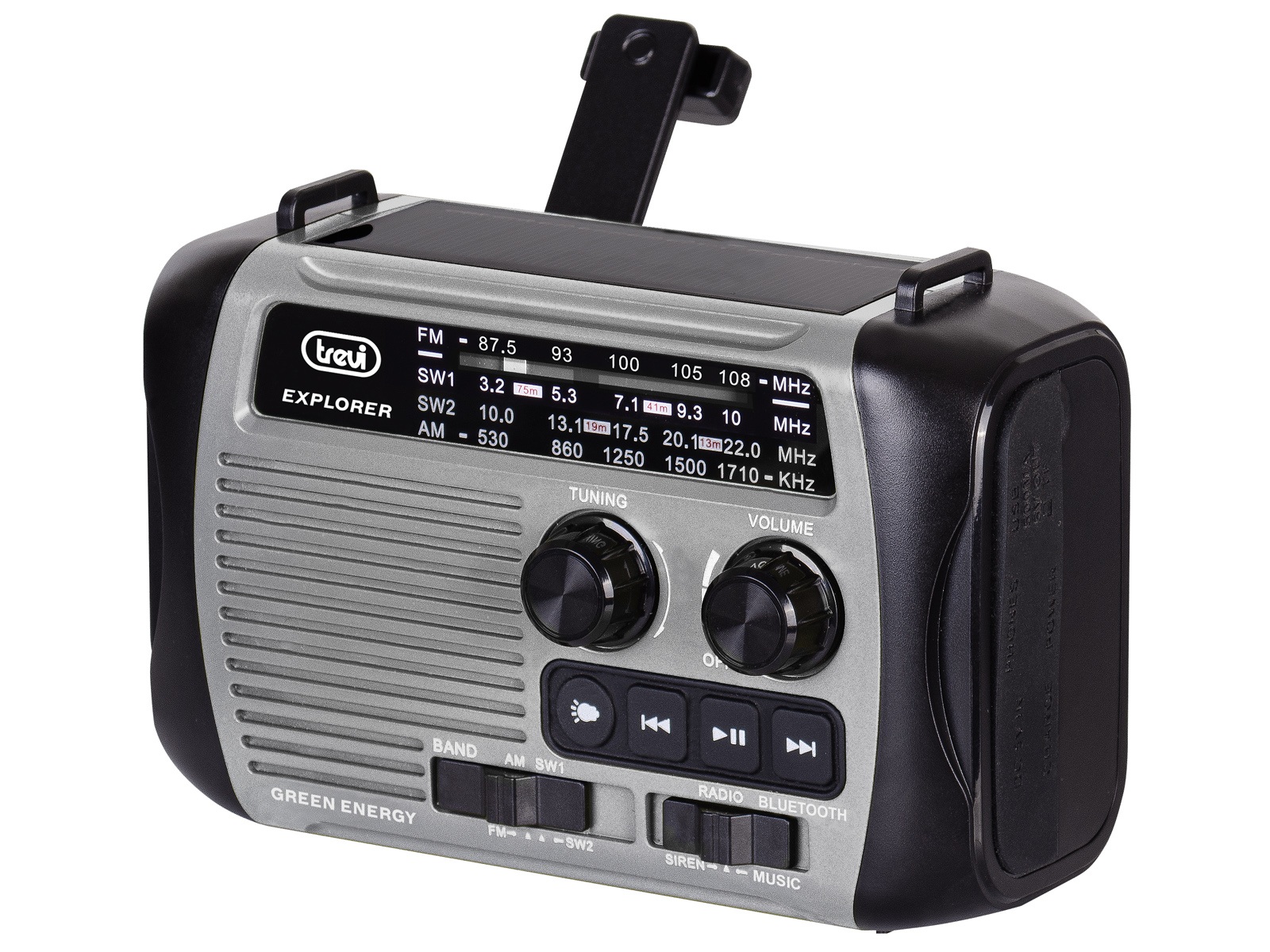 Ein tragbares Trevi Explorer Radio mit Solarpanel, Einstell- und Lautstärkeregler sowie Tasten.