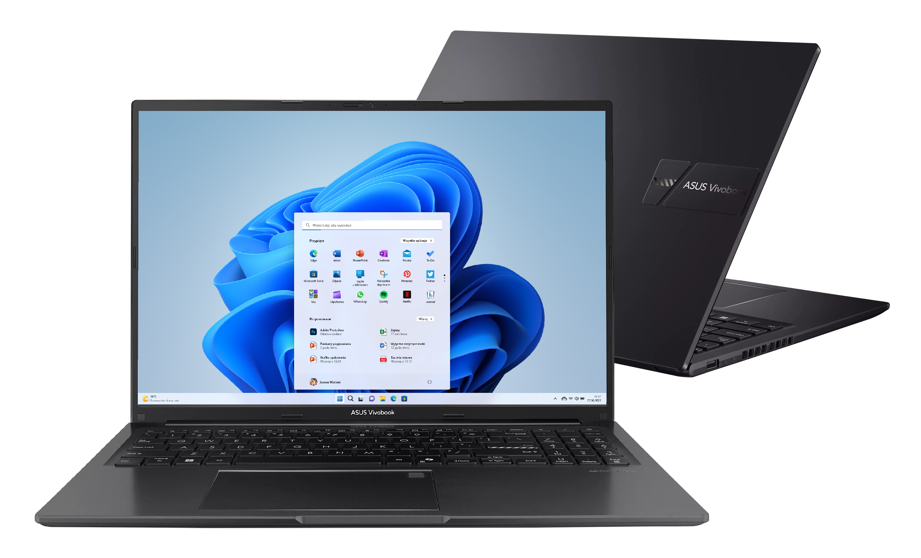 Czarny laptop Asus Vivobook z otwartym menu Start Windows 11.