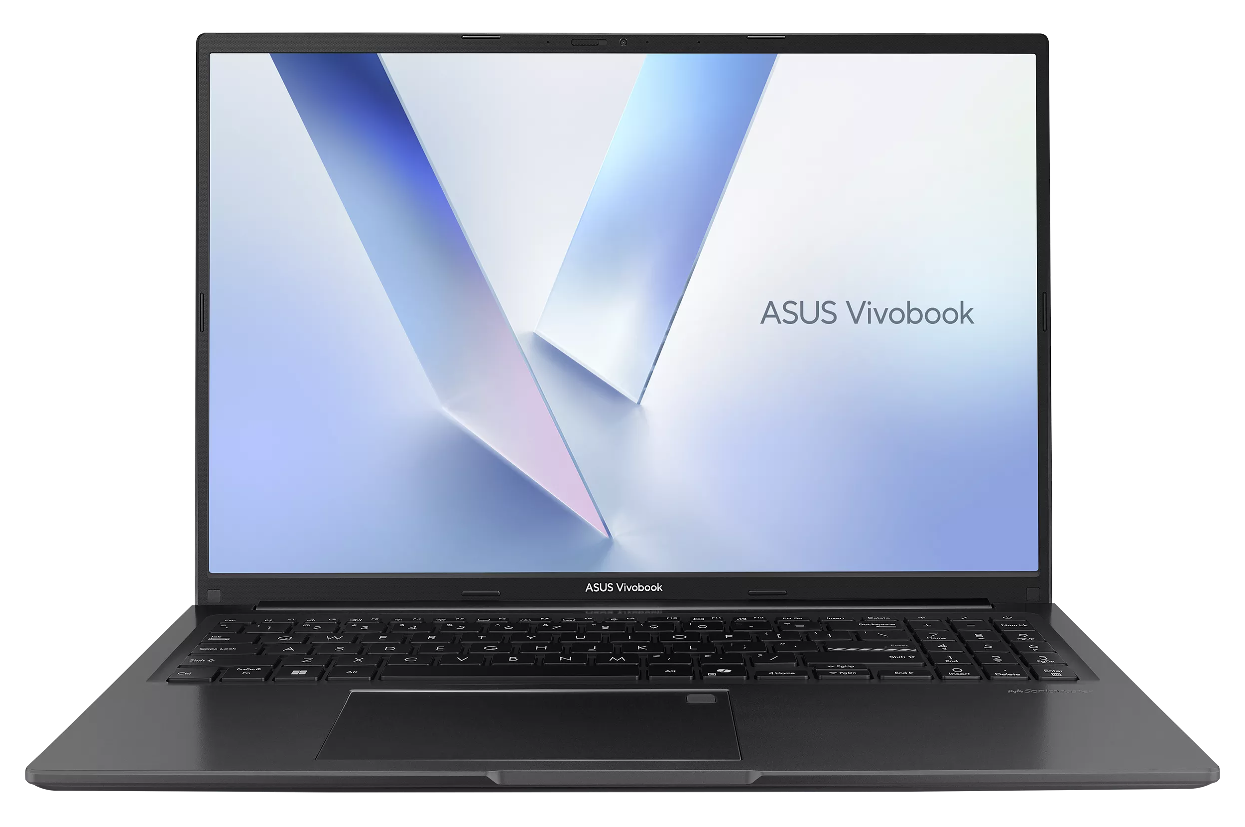 Otwarty laptop ASUS Vivobook z abstrakcyjnym tłem na ekranie.