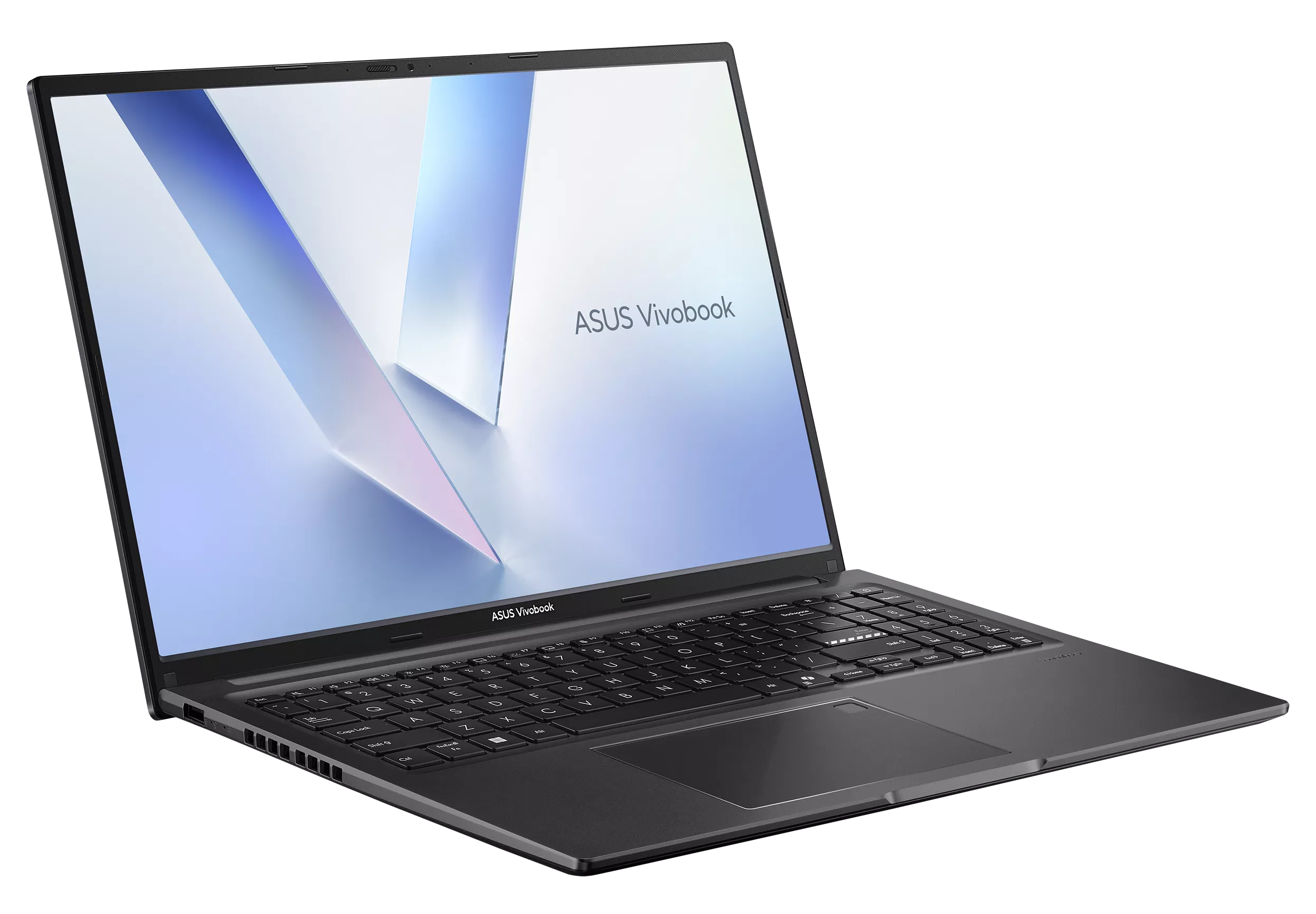 Ciemny laptop Asus Vivobook z podświetlaną klawiaturą i niebiesko-białą tapetą.