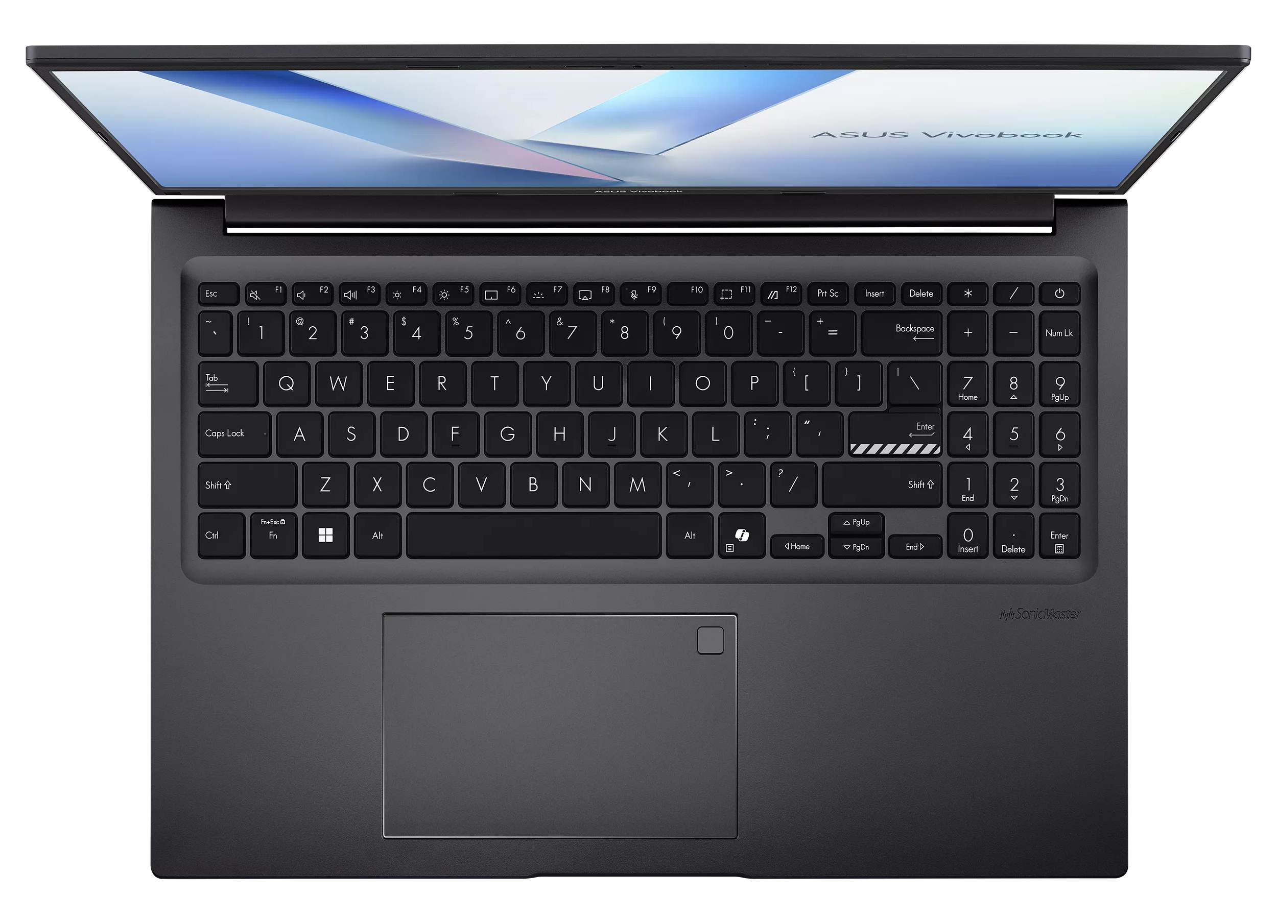 Otwarty czarny laptop Asus Vivobook na czarnym tle. Widoczna klawiatura i touchpad.