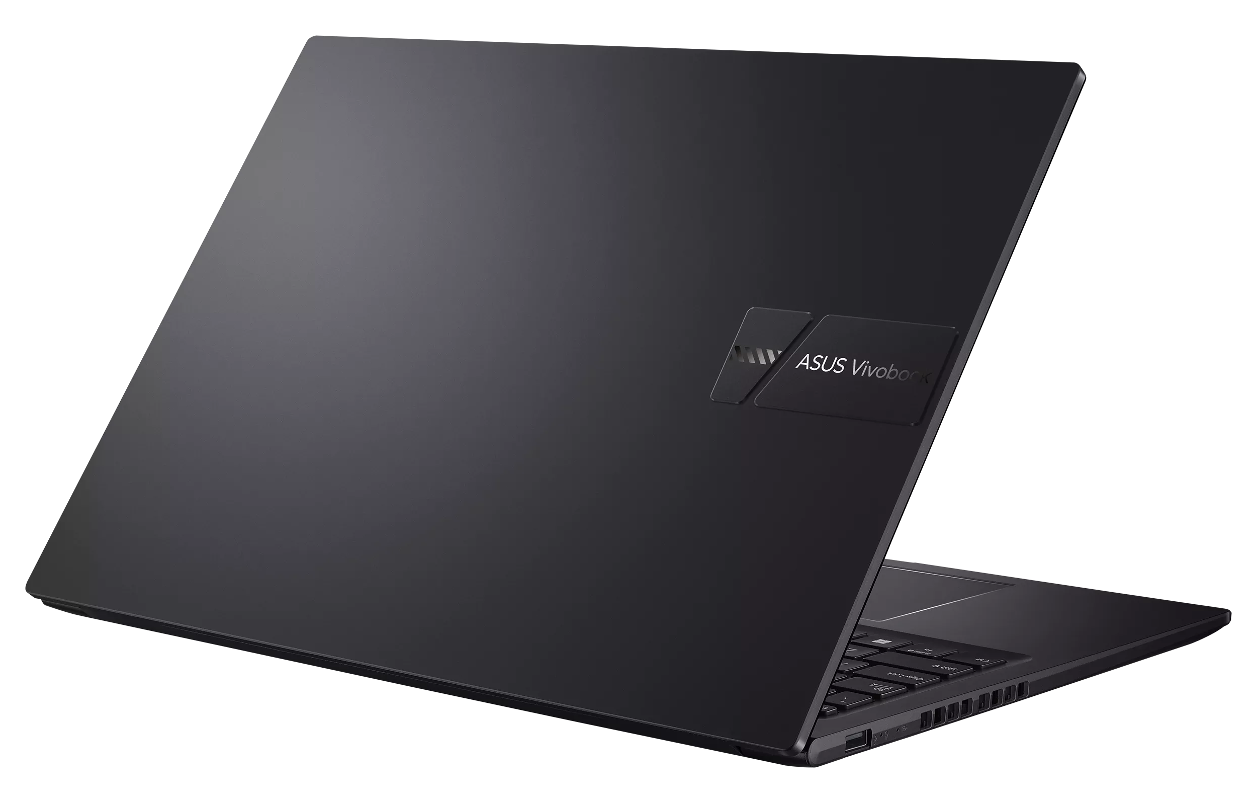Ciemny laptop Asus Vivobook, pokazany od tyłu z otwartą pokrywą.