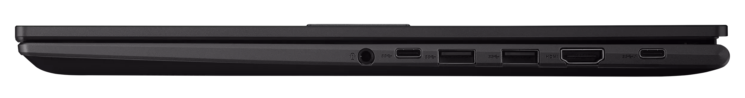 Bok czarnego laptopa z portami: USB-C, USB-A, HDMI, gniazdo słuchawkowe.