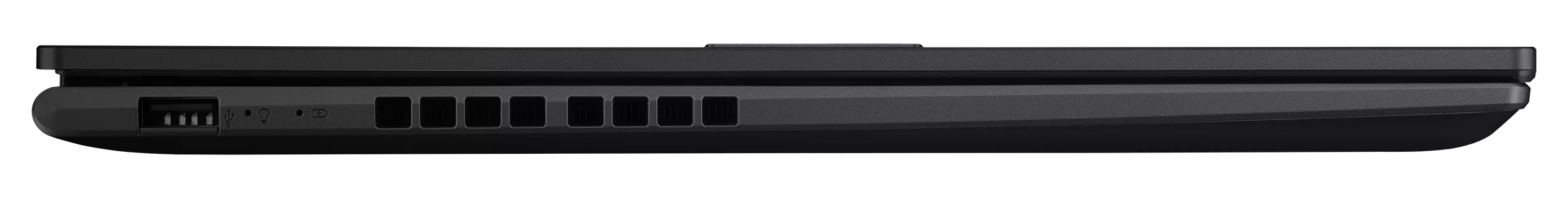 Bok czarnego laptopa z portem USB i otworami wentylacyjnymi.