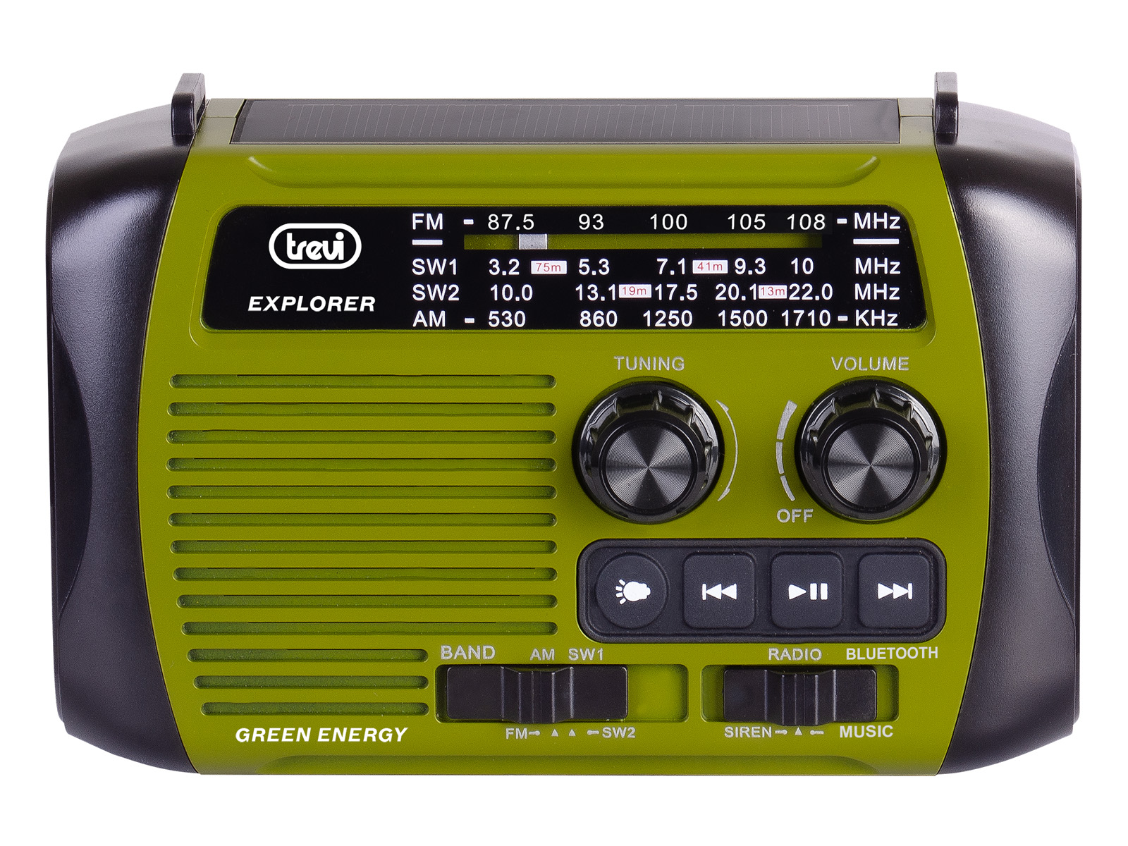 Grünes Notfallradio mit Solarpanel, digitalen Anzeigen, Knöpfen und Tasten.