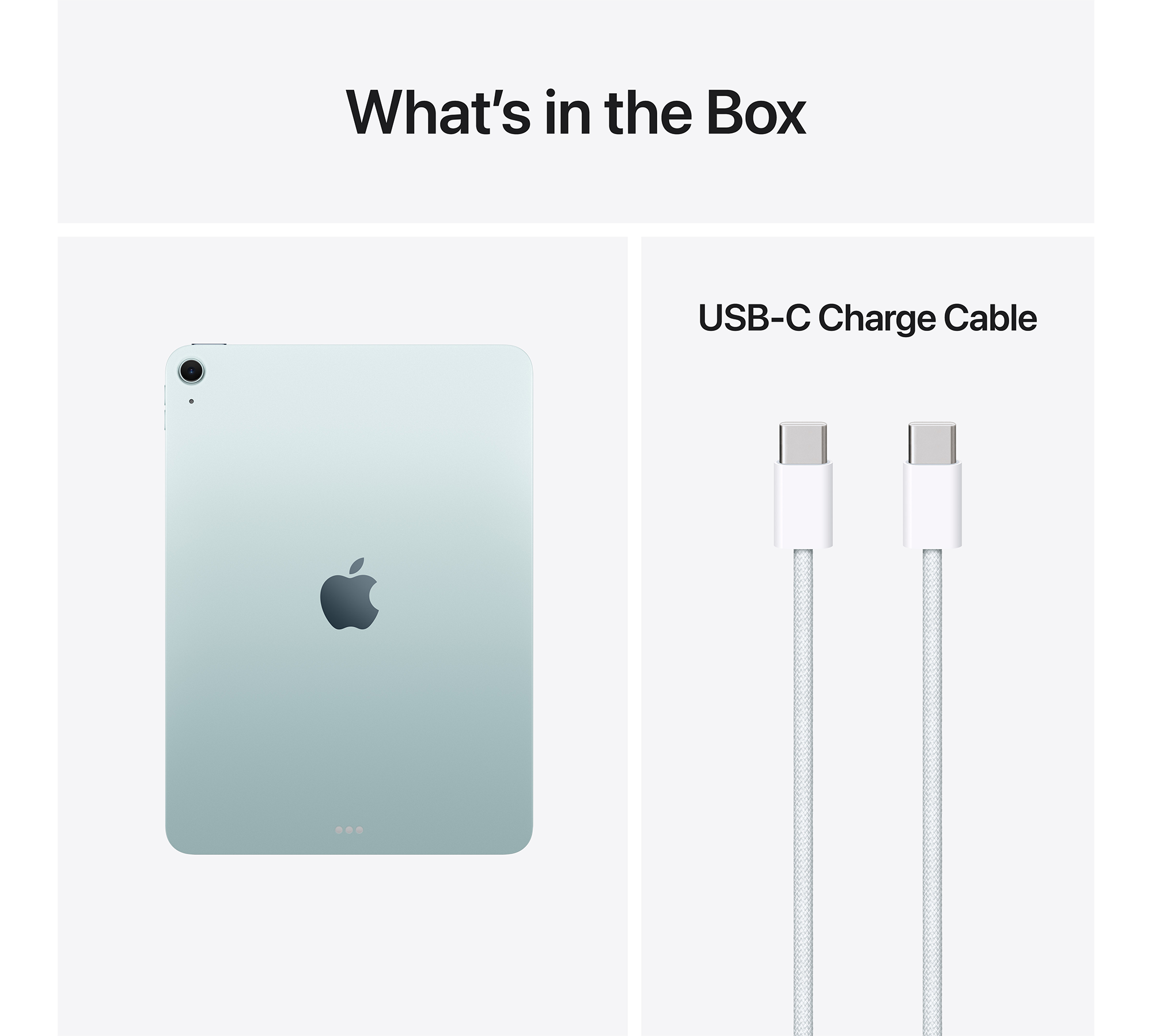 Világoskék iPad Air és két fehér USB-C töltőkábel.
