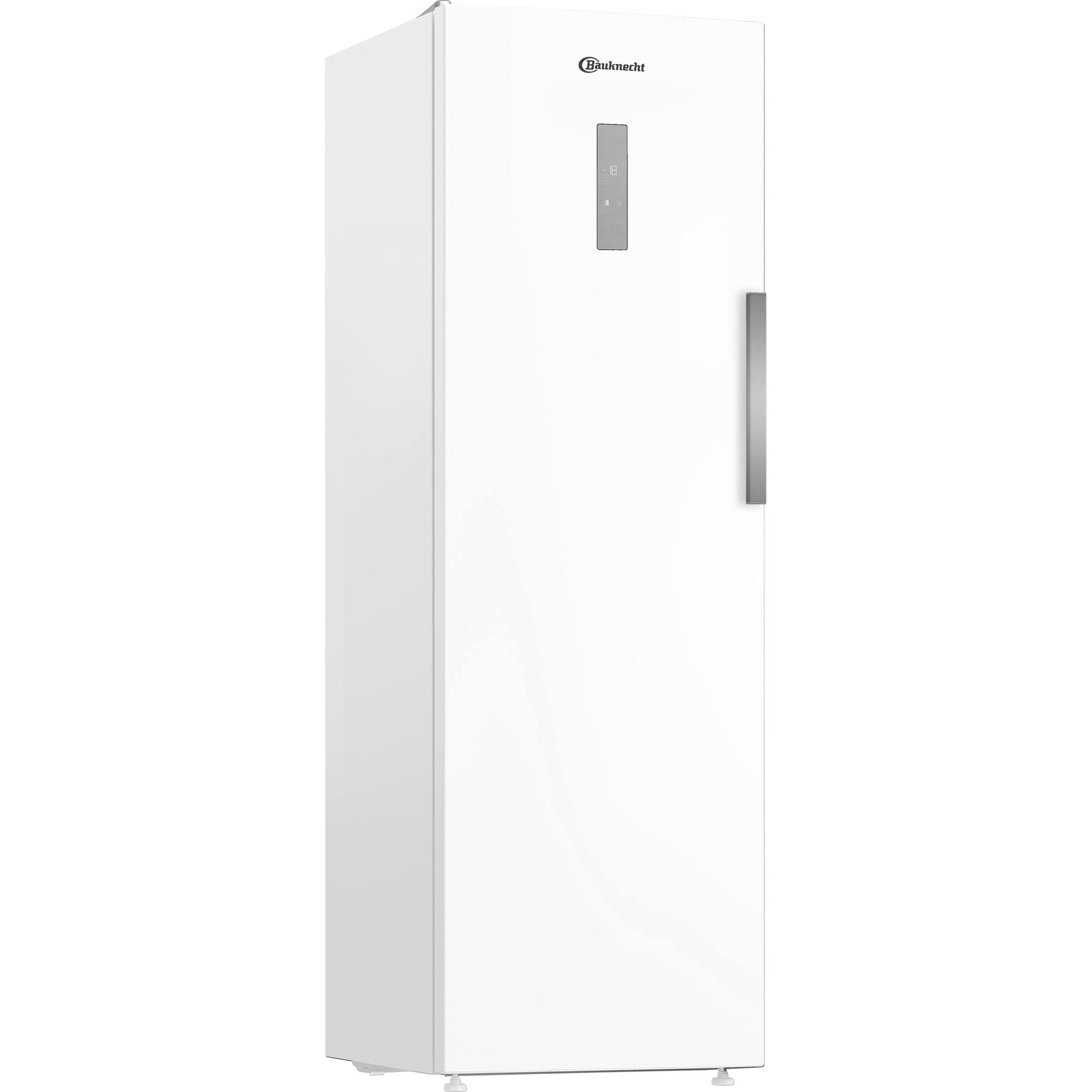 Ein weißer Kühlschrank mit silbernem Griff und digitaler Anzeige.