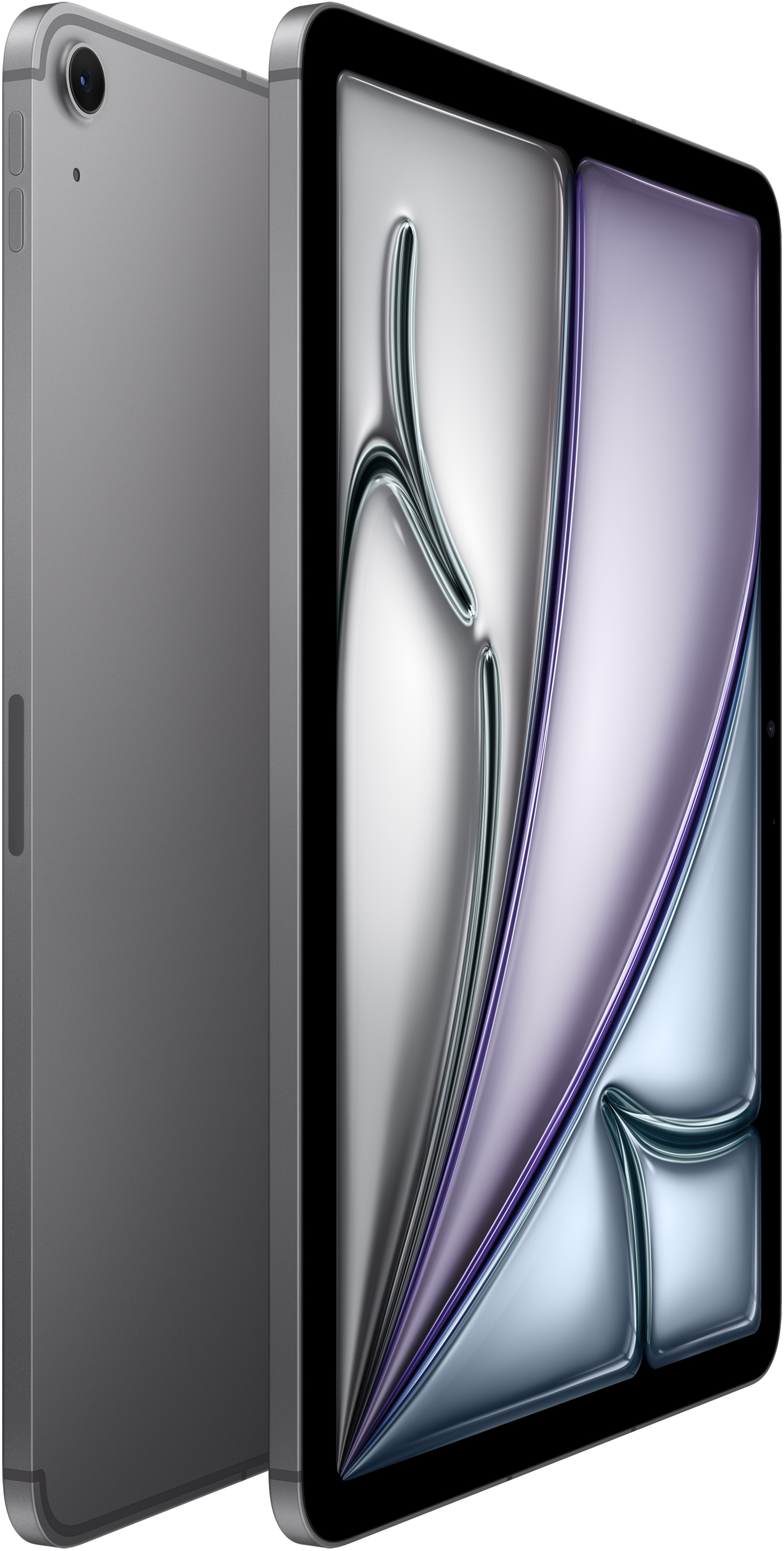 Szürke tablet ezüst és lila absztrakt formákkal a képernyőn.