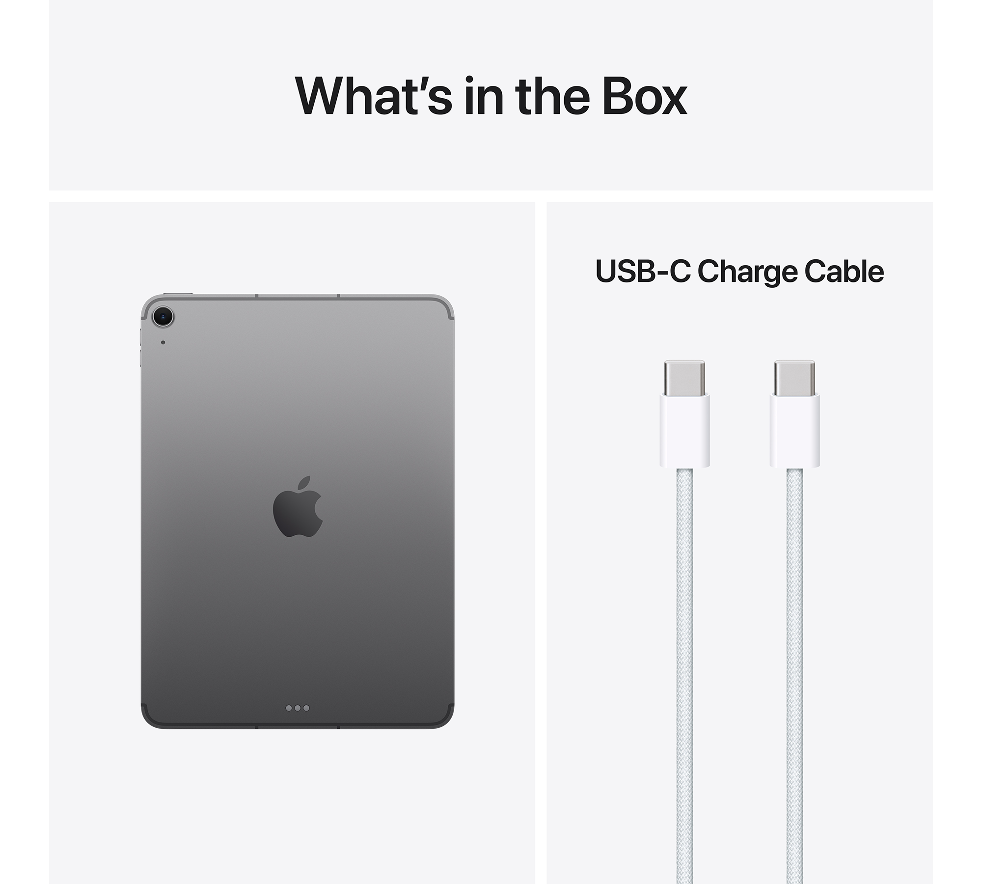 Egy ezüst iPad és két fehér USB-C töltőkábel.