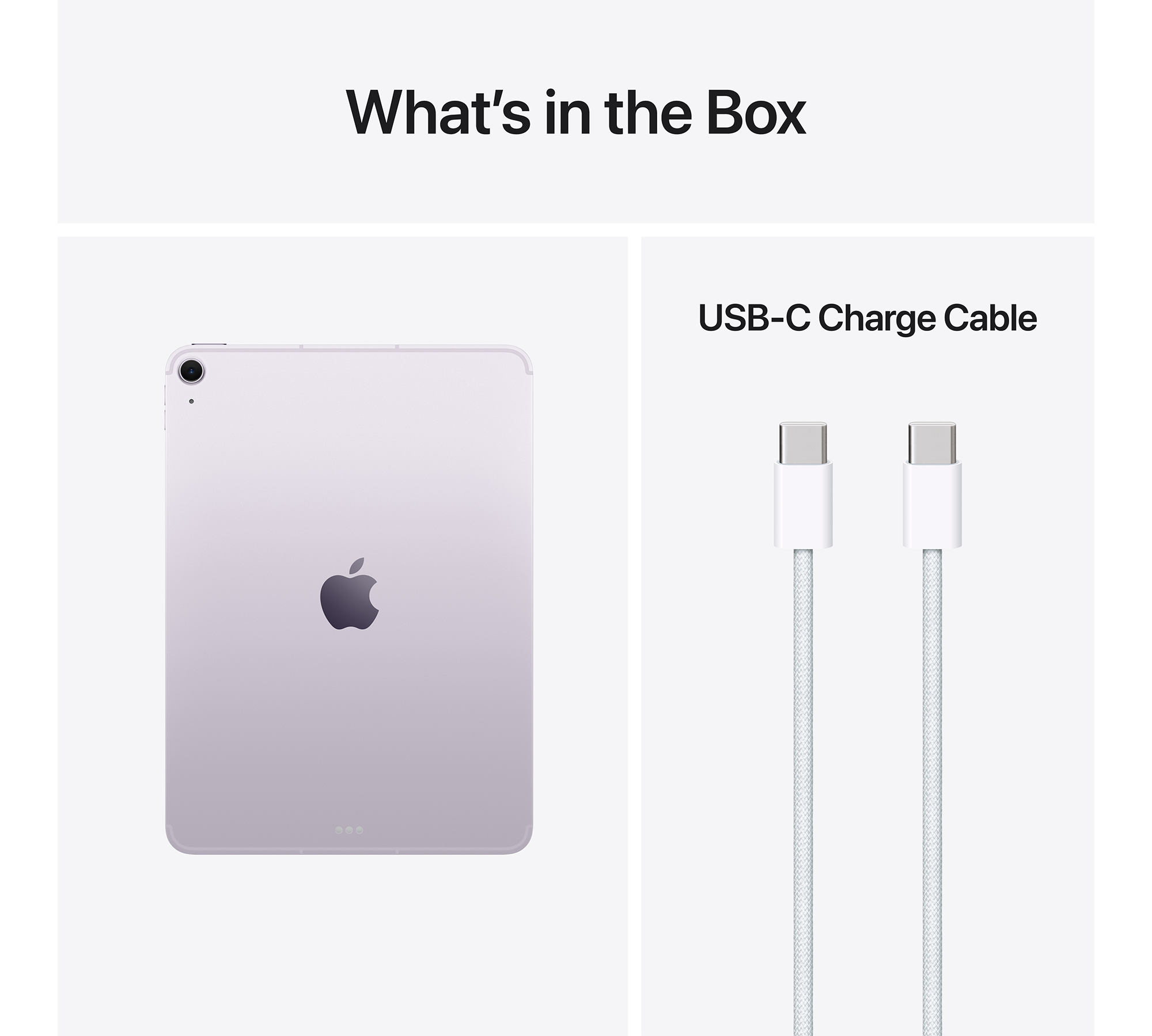 Egy lila iPad és egy fehér USB-C töltőkábel.