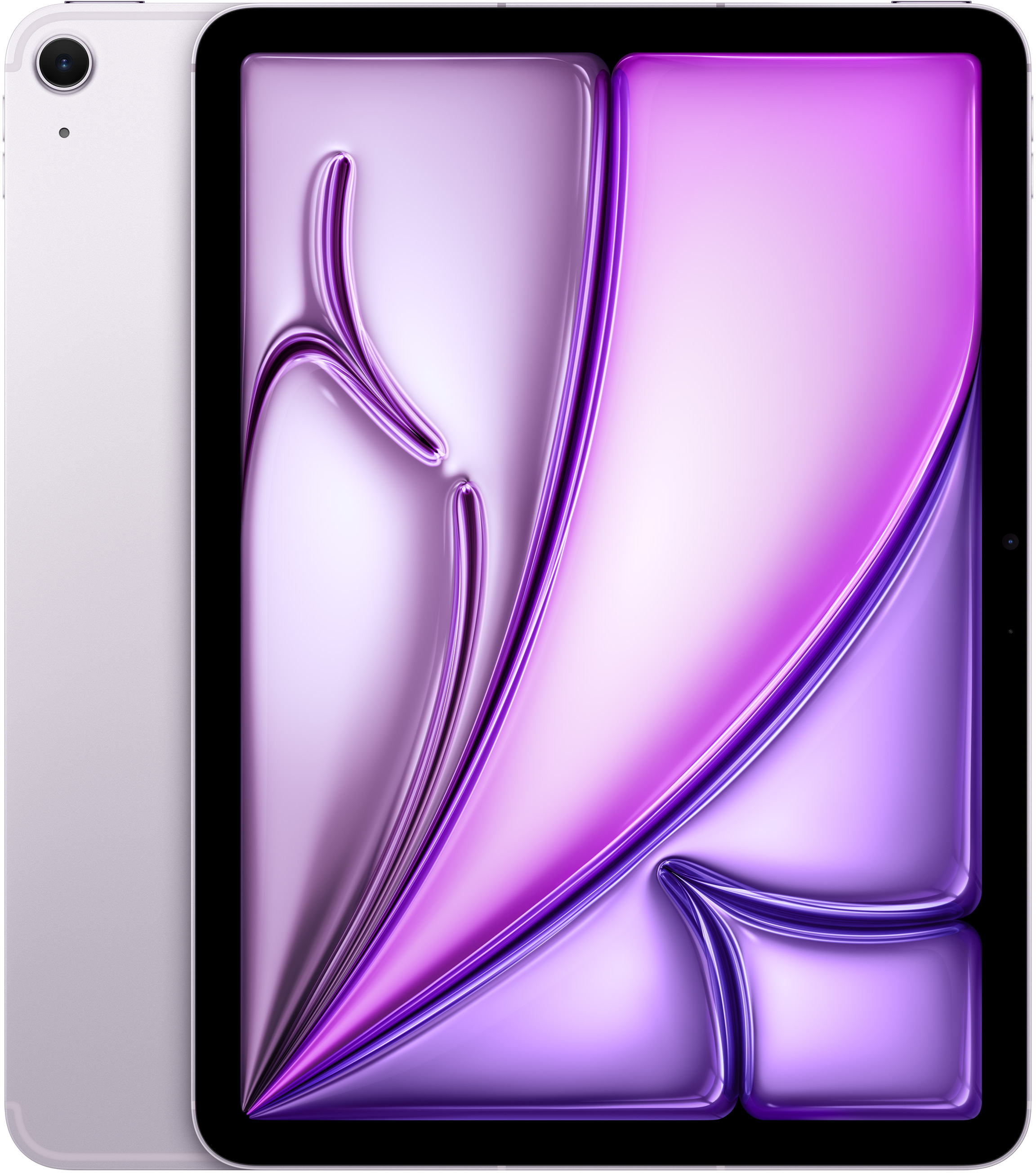 Ezüst tablet, hátul kamera és logó, elől lila mintával.
