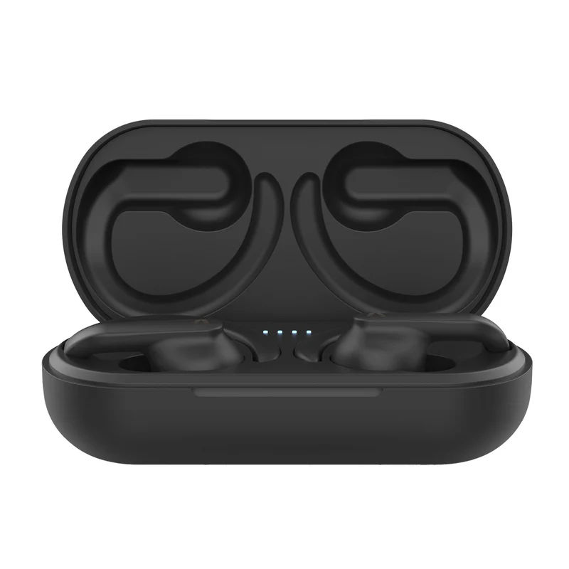 Estuche de carga negro con auriculares abiertos e luces indicadoras.
