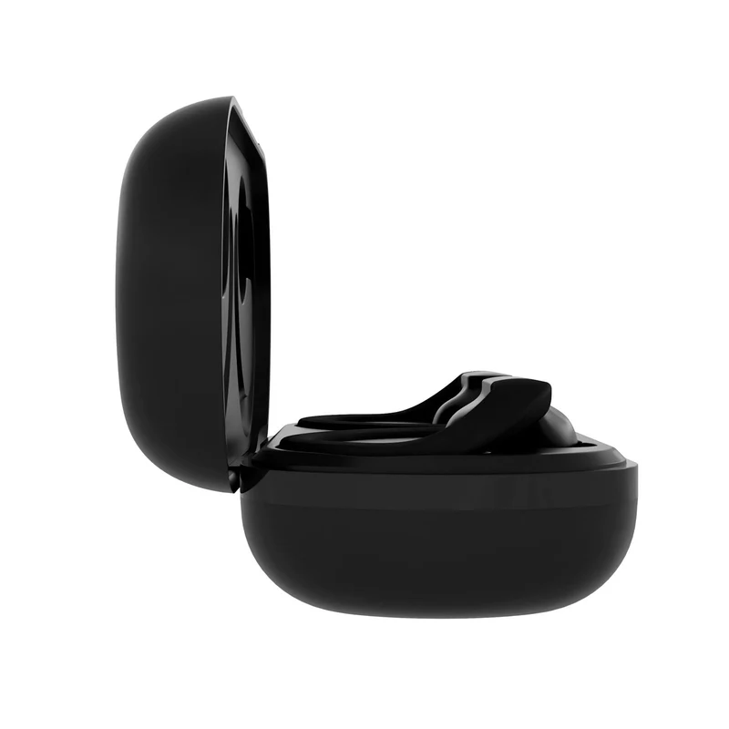 Un estuche negro para auriculares inalámbricos con la tapa abierta, con auriculares dentro.