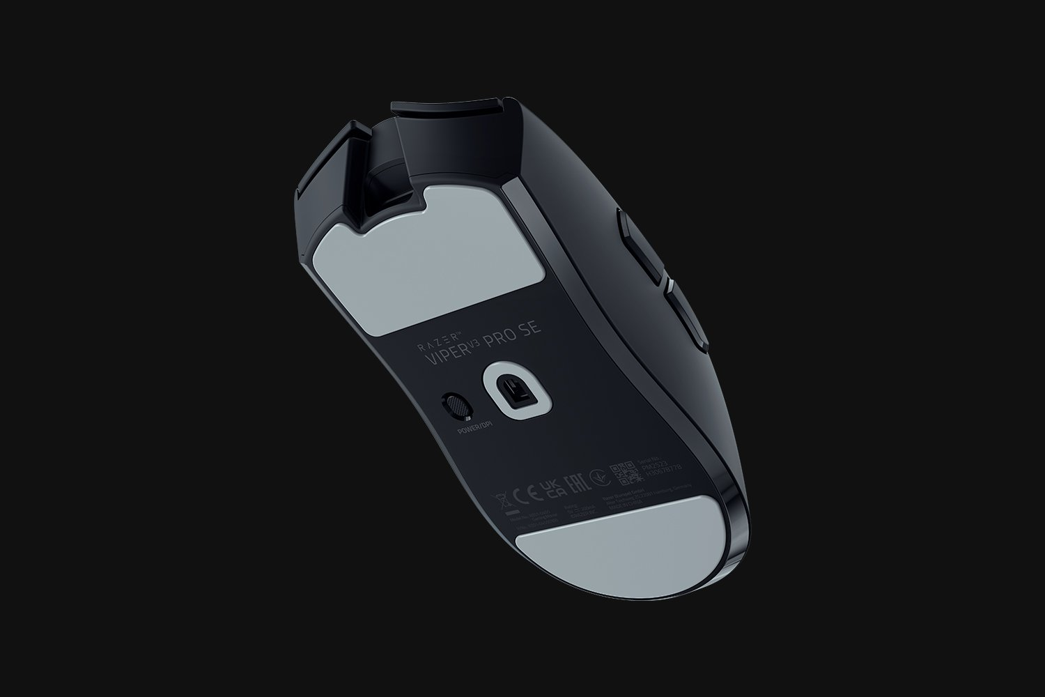 Ratón gaming Razer Viper V3 Pro SE negro, parte inferior con almohadillas grises.