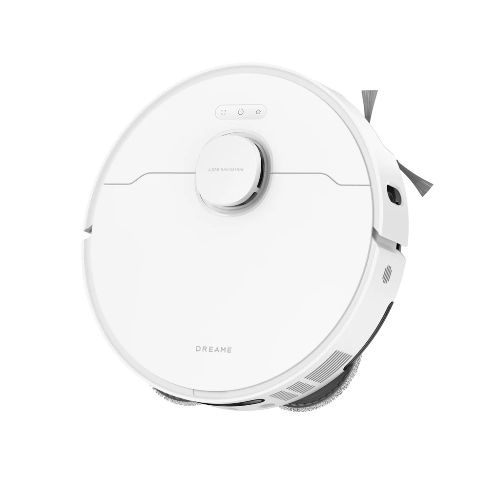 Un robot aspirador blanco con navegación LiDAR y cepillos sobre fondo blanco.