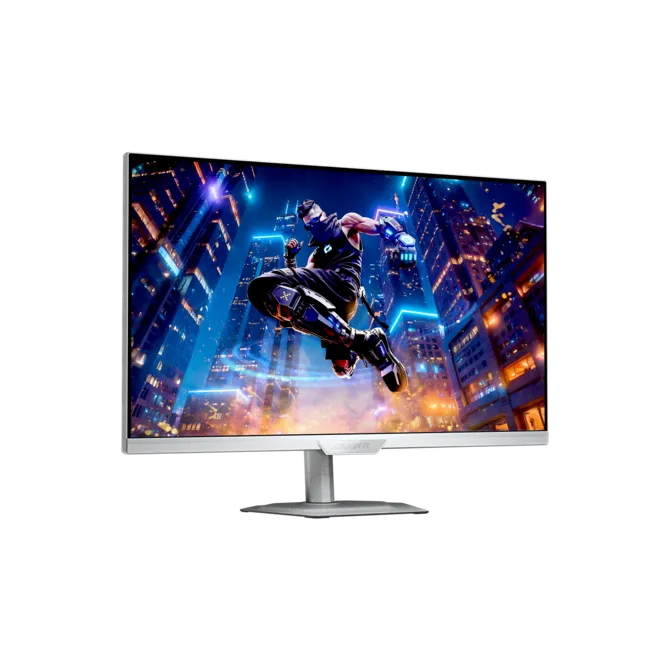 Un monitor muestra un personaje a medio salto frente a una ciudad futurista con luces de neón.