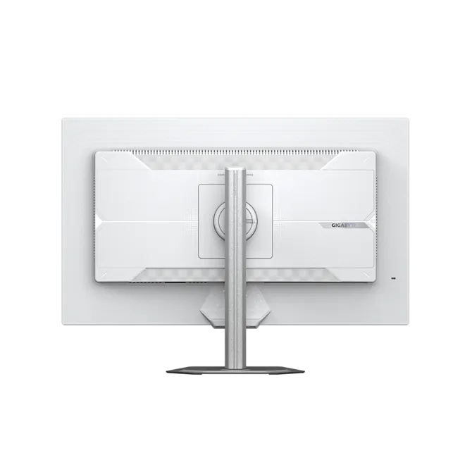 Vista trasera de un monitor blanco con soporte plateado y logo GIGABYTE.