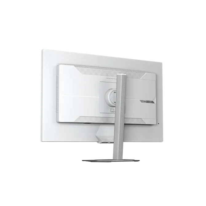 Vista trasera de un monitor blanco con soporte plateado sobre fondo negro.