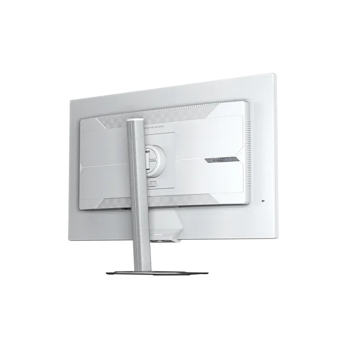 Vista trasera de un monitor blanco con soporte plateado y logo.