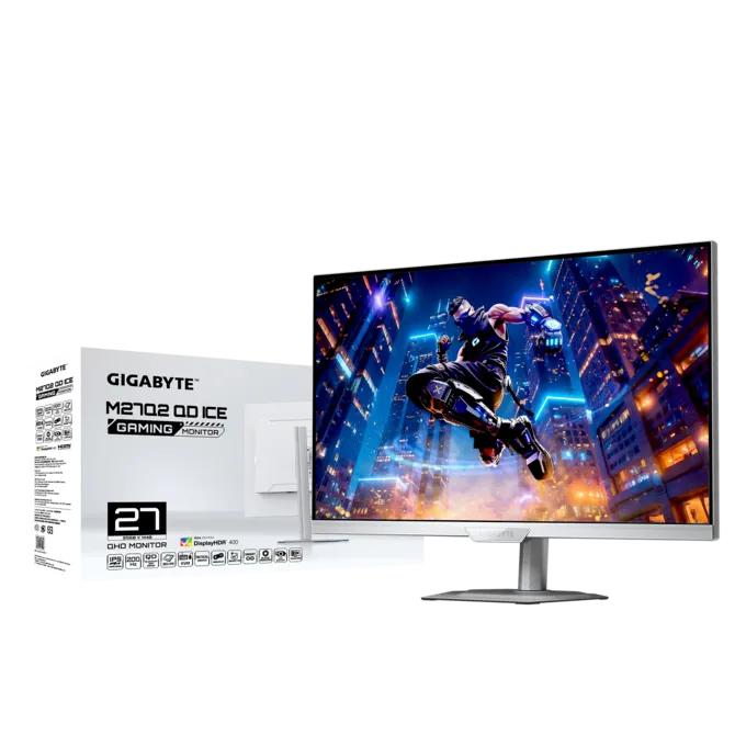 Monitor gaming Gigabyte con escena de acción vibrante, caja al lado.