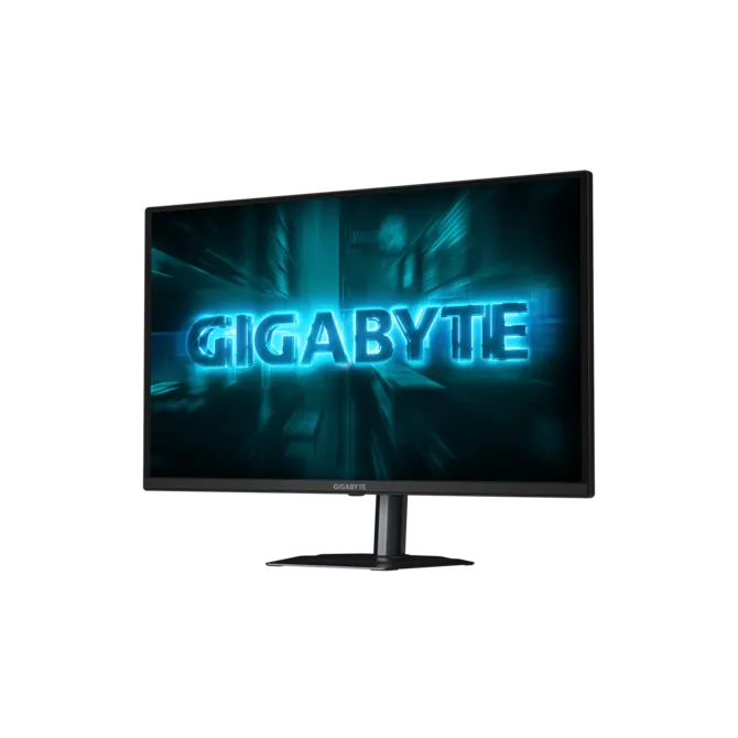 Un monitor muestra el logo brillante GIGABYTE sobre fondo azul.