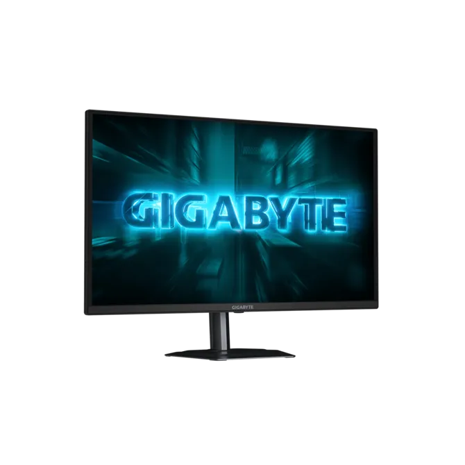 Un monitor negro muestra el logo azul brillante de GIGABYTE.