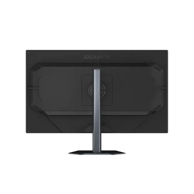 Vista trasera de un monitor negro con soporte plateado y logo GIGABYTE.