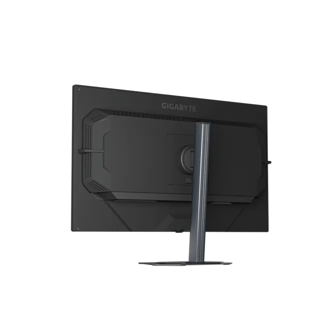 Vista trasera de un monitor GIGABYTE negro con soporte plateado.