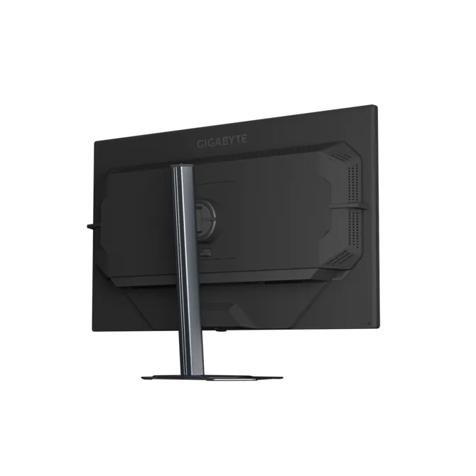 Parte trasera de un monitor negro con soporte plateado y logo GIGABYTE.