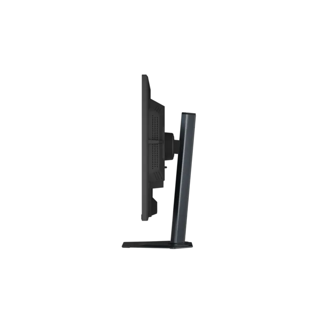Un monitor de computadora gris con soporte delgado, visto de lado.