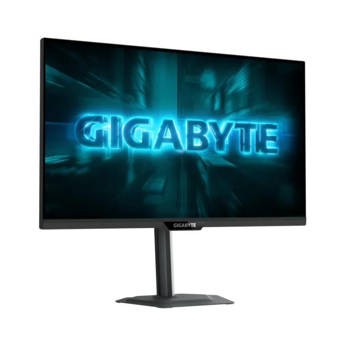 Un monitor que muestra el logo azul brillante 'GIGABYTE' en pantalla.