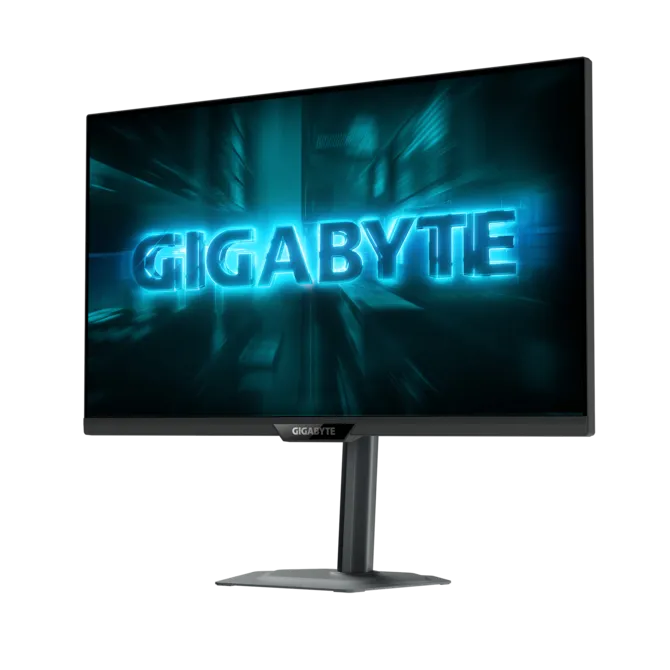 Un monitor GIGABYTE muestra texto azul brillante sobre fondo oscuro.