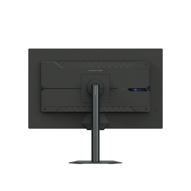Vista trasera de un monitor negro con soporte plateado y logo GIGABYTE.