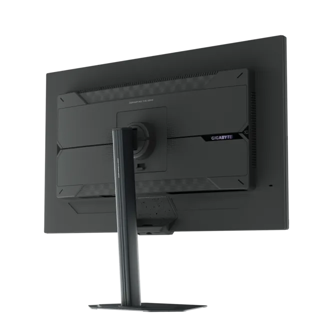 Vista trasera de un monitor negro con logo GIGABYTE y soporte ajustable.