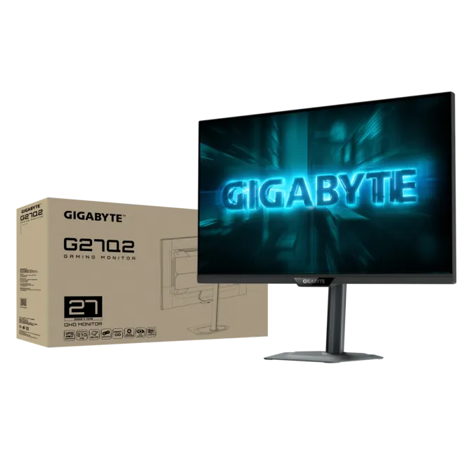 Monitor gaming Gigabyte G27Q2 mostrado junto a su caja sobre fondo negro.