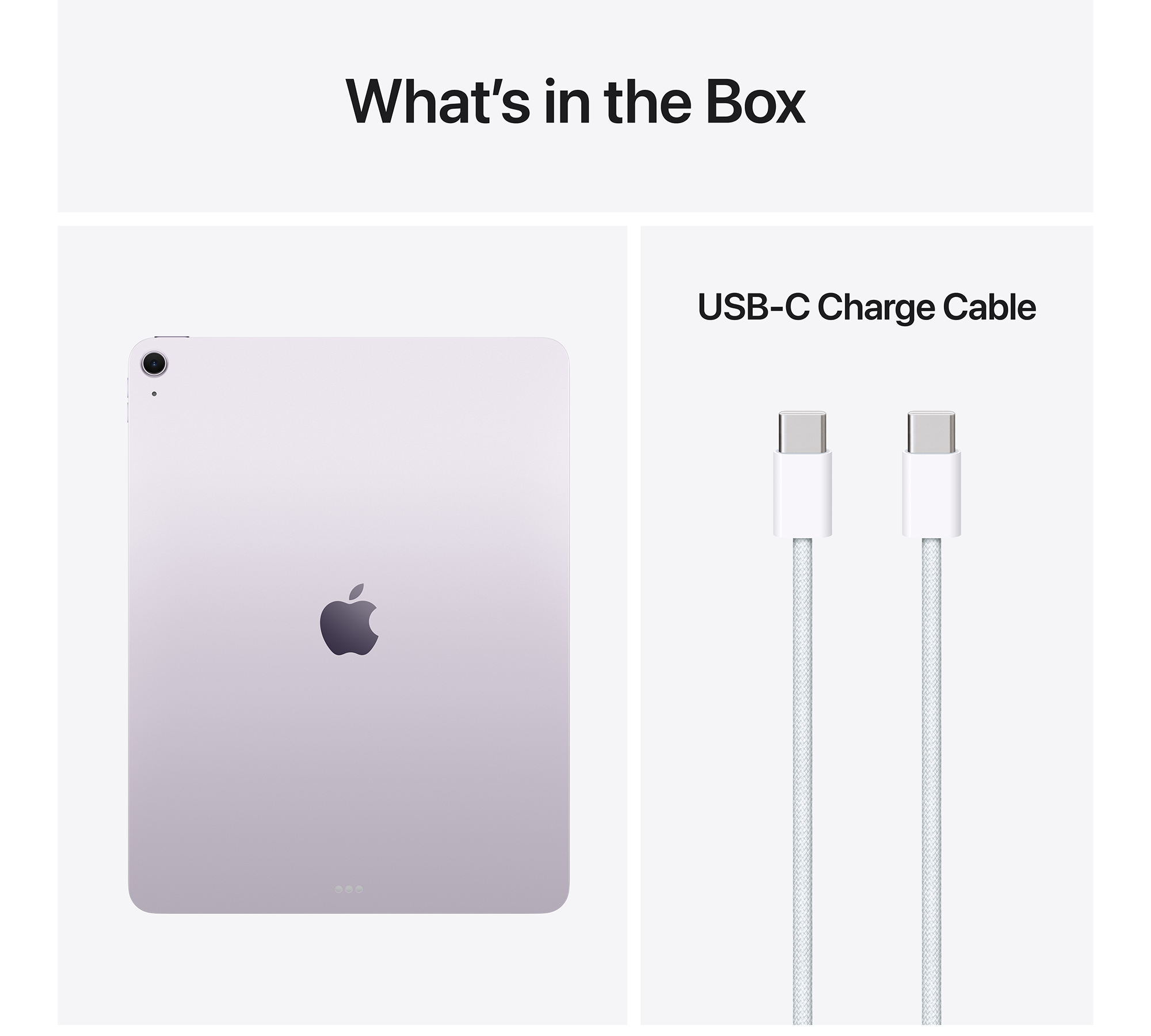 Lila iPad Air Apple logóval és USB-C töltőkábellel.