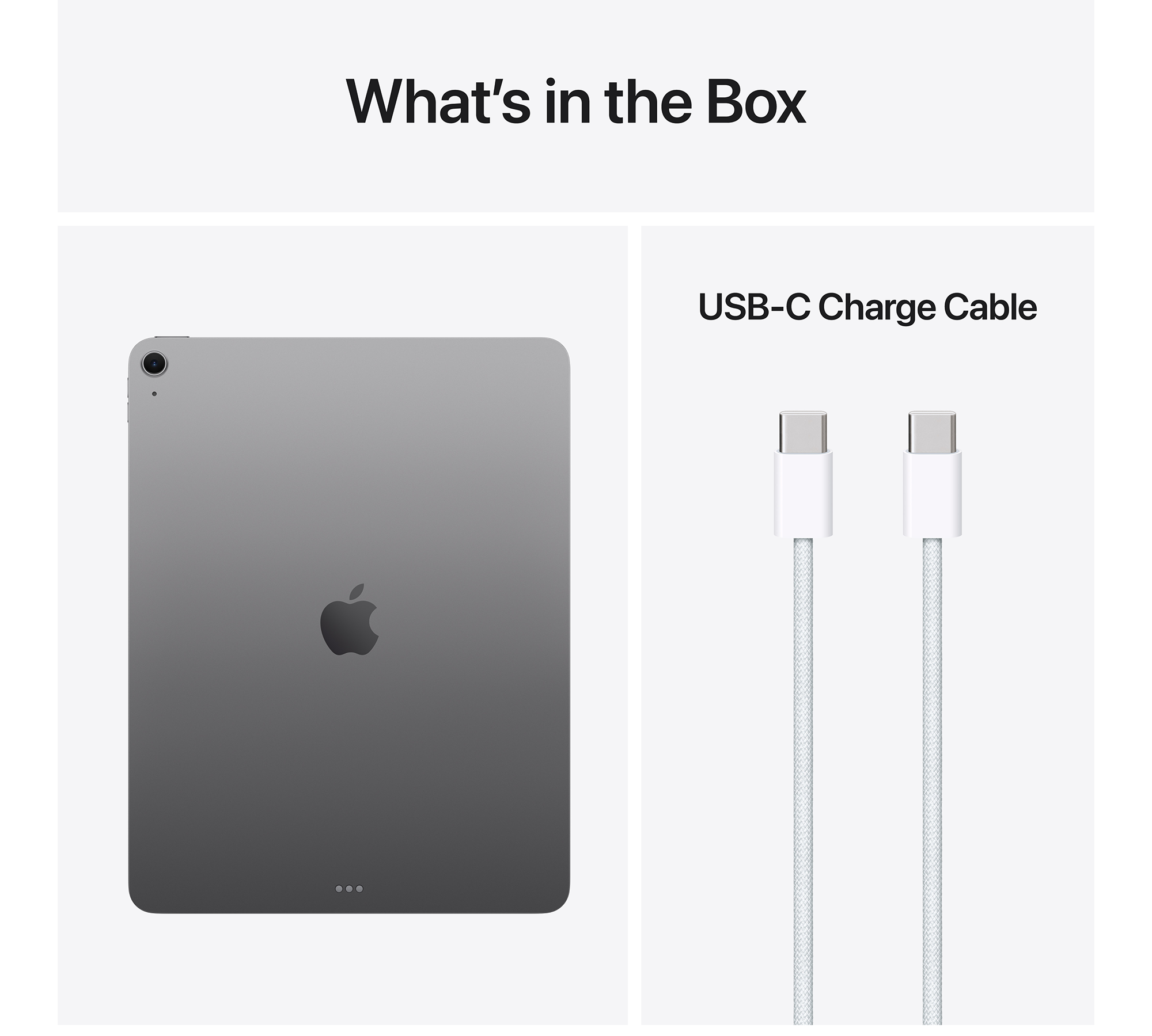 Szürke iPad Apple logóval és USB-C töltőkábellel.