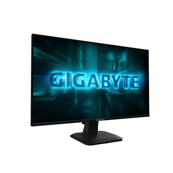 Un monitor negro con el logo azul brillante de GIGABYTE en la pantalla.