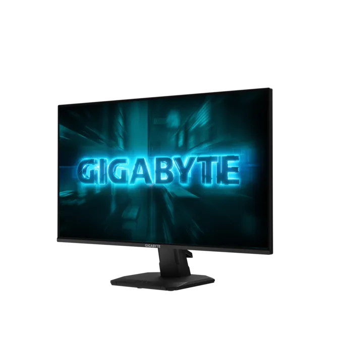 Un monitor negro mostrando el logo GIGABYTE en fondo azul.