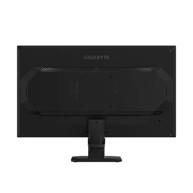 Vista trasera de un monitor GIGABYTE negro con ventilaciones y soporte.