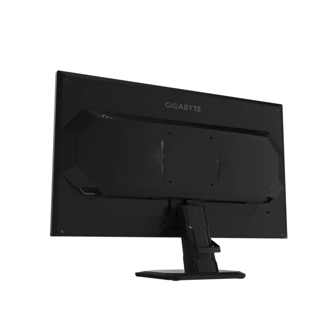 Vista trasera de un monitor GIGABYTE negro con ranuras de ventilación.