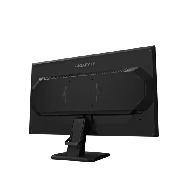 Vista trasera de un monitor Gigabyte negro con logo plateado.